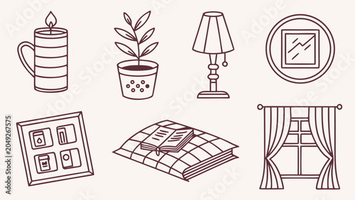 Home interior decor line art icons set including furniture and decor
