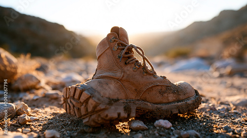 Close View of Muddy Hiking Boot Sole on Gravel Trail in Mountain Landscape
