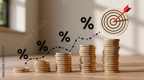 Coin Stack Chart with Percentage Symbols and Bullseye Target for Business Goals