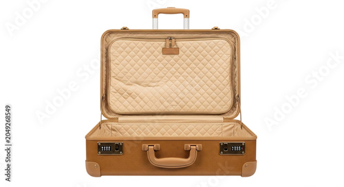 Open tan suitcase with quilted lining and metal hardware on transparent background luggage travel bag case