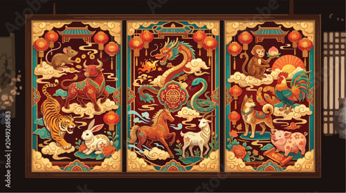 Photography Elaborate three panel art print showcasing the twelve traditional chinese zodiac