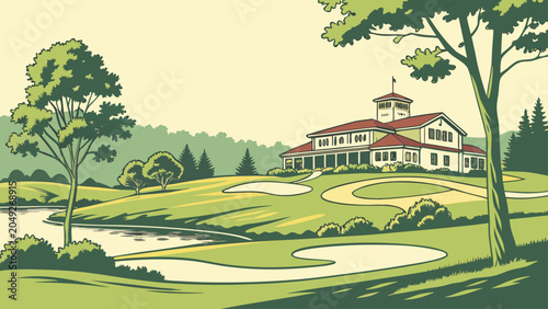Bild auf Leinwand Golf course landscape with clubhouse and putting green illustration, clubhouse