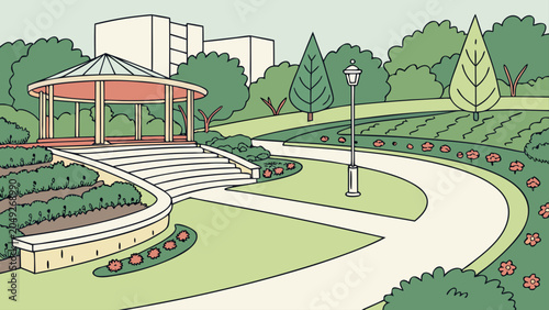 Public garden with gazebo and flower beds landscape greenery blooming