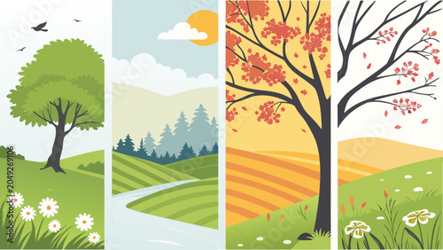 Four seasons seasonal landscape illustration with nature and trees, landscape