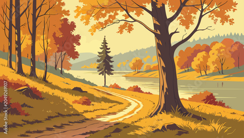 Autumn forest landscape with winding path and river landscape seasonal