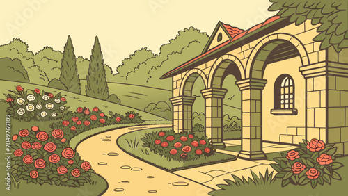Italian countryside villa with stone arches and rose garden, countryside