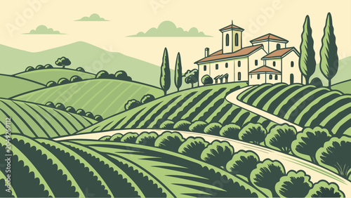 Tuscan farmhouse on rolling hills with cypress trees farmhouse landscape