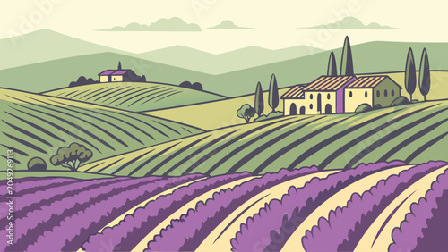 Lavender fields in provence with farmhouse and rolling mountains, lavender