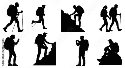 Schilderij op canvas Hikers in various poses climbing mountain.