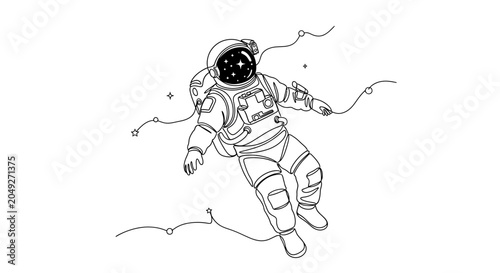 Obraz na plátně Astronaut floating in space with stars reflected in helmet, line art illustratio