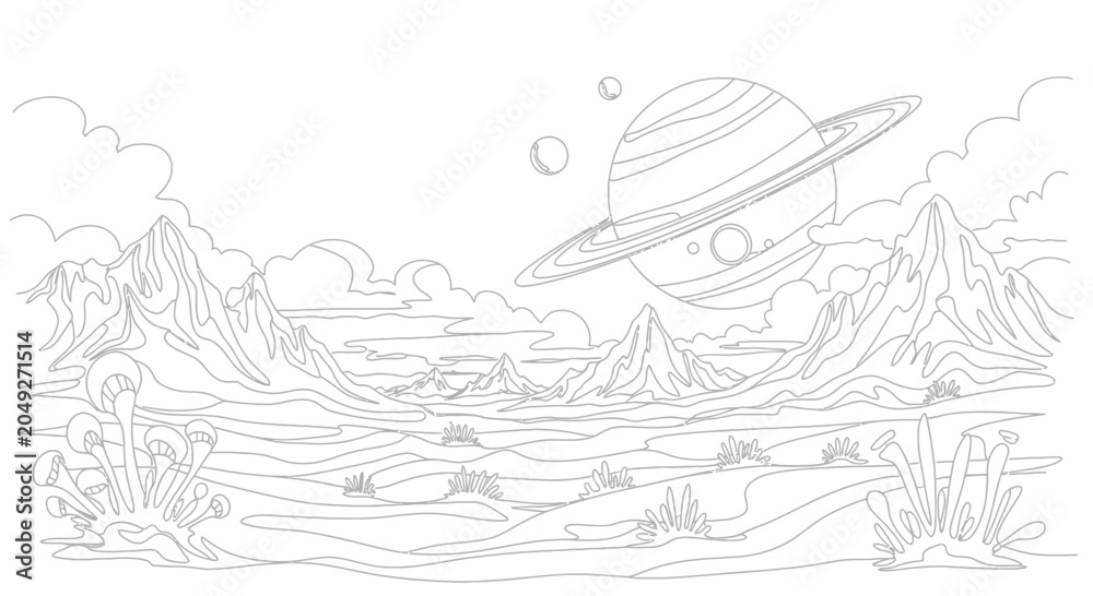 Fototapeta premium Alien Landscape Outline with Ringed Planet and Mountains