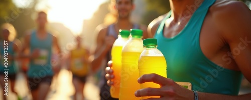 Runners grab water bottles at hydration station during sunny marathon race. Athletes rehydrate, replenish energy, and show team spirit. Healthy lifestyle pursuit.