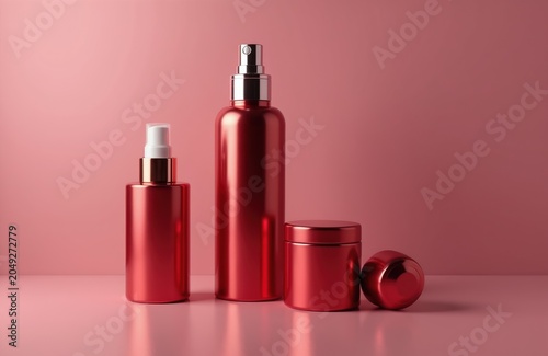 Red metallic cosmetic bottles and jars displayed on pink surface. Containers for beauty products including spray bottles and cream jars. Luxe packaging for skincare items.
