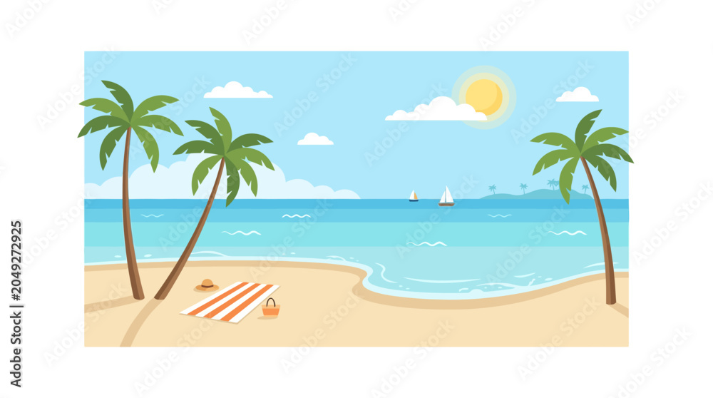 Obraz premium Tropical beach with palm trees and clear blue ocean under sunny sky