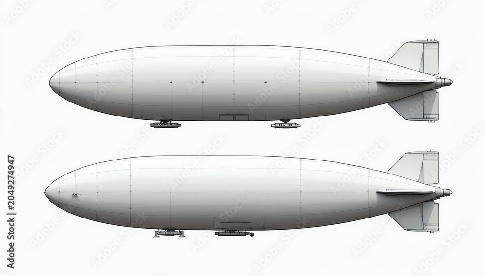 Naklejka premium Two white airships shown from side view against white background. Each lighter than air aircraft has gondolas underneath and tail fins. One dirigible appears slightly larger than the other.
