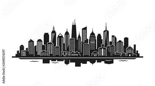 Chicago skyline silhouette with water reflection on white background.