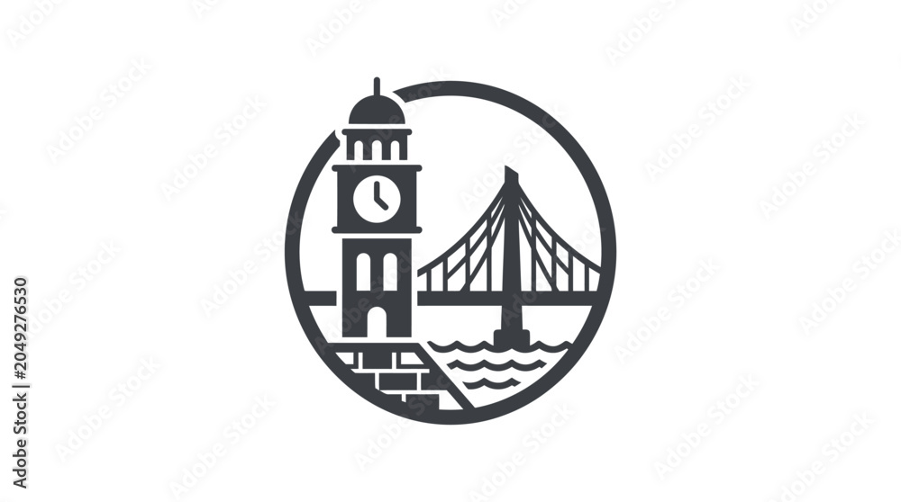 Naklejka premium Circular icon featuring a clock tower and bridge.