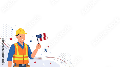 Happy Labor Day banner featuring a construction worker holding an American flag and wearing a hard hat against a white background with stars