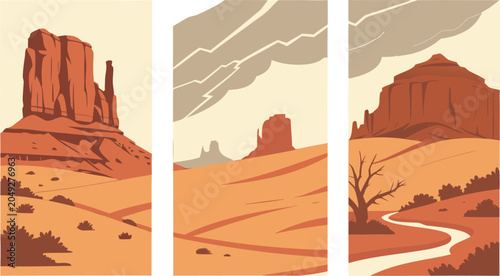 Fotografía Abstract desert landscape triptych of geological monoliths with landscape monoli