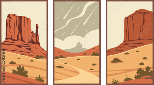 Tableau sur toile Desert landscape triptych illustration with stone monoliths landscape monolith t
