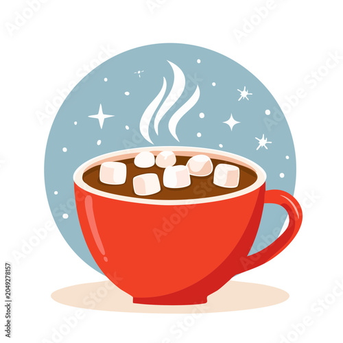 Red mug of hot chocolate with marshmallows and steam