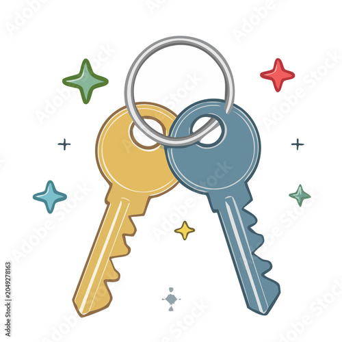 Two keys on a keyring with sparkling stars