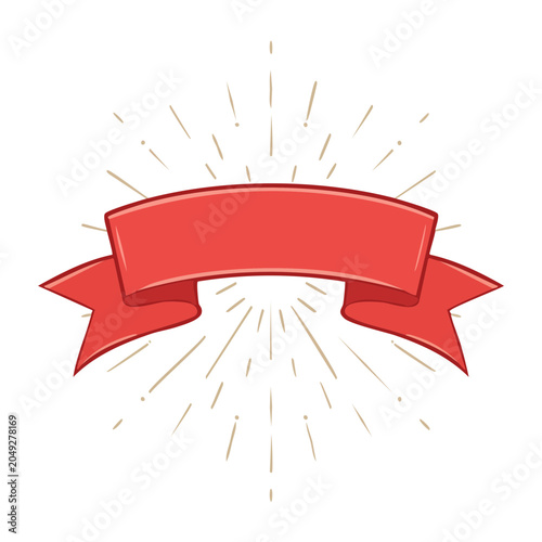 Red ribbon banner with sunburst graphic element