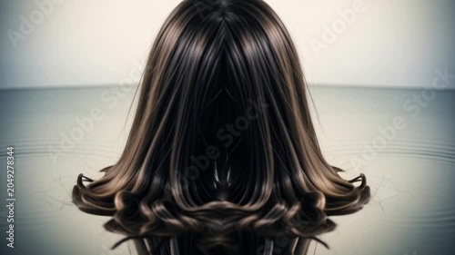 Symmetrical dark brown hair splayed on water surface with reflection