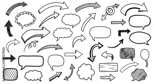 Doodle set with speech bubble arrow of Hand Drawn Speech Bubbles and doodles, crown, hearts, pencil drawn bold arrows, emphasis shapes.
