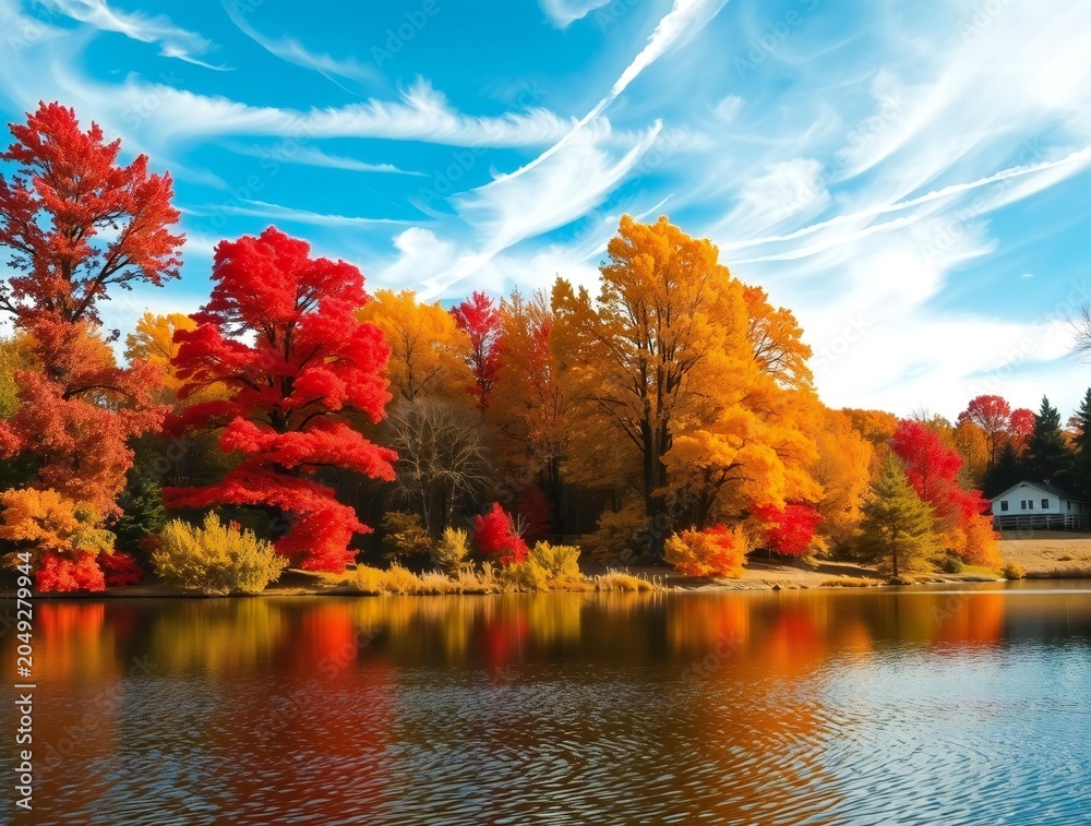 Obraz premium Vibrant autumn trees reflected in a calm lake under a blue sky