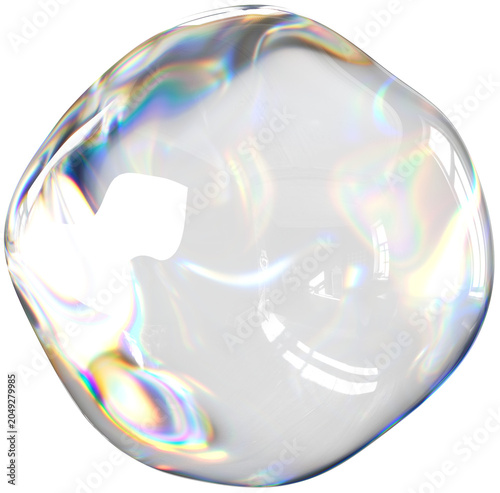 Colorful soap bubble with swirling iridescent rainbow reflections isolated on transparent background
