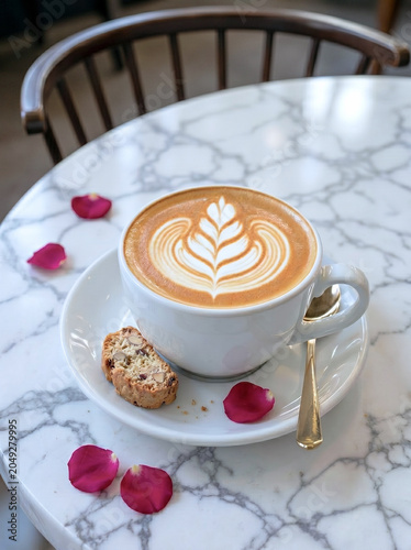 大理石のテーブルの上のラテアートコーヒーとビスコッティ、バラの花びら添え