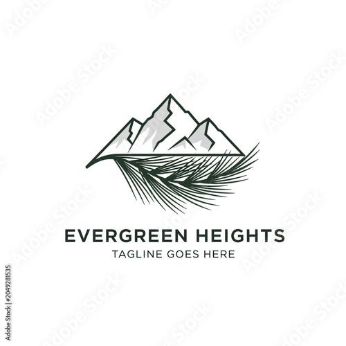Bild auf Leinwand Clean and minimalist logo combining majestic mountain peaks with an evergreen pine branch for outdoor lifestyle and hospitality brands