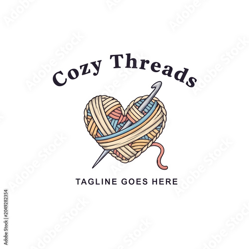 Whimsical logo design for yarn crafts featuring a heart-shaped ball of wool and a crochet hook, perfect for knitting and handmade shops.