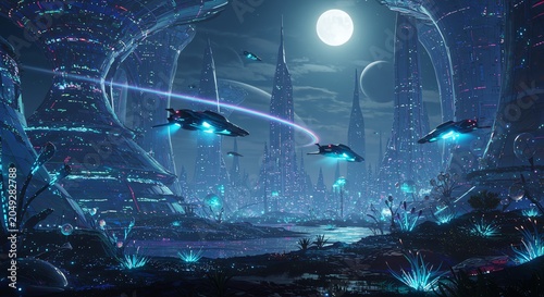 Futuristic city with flying ships under a moon