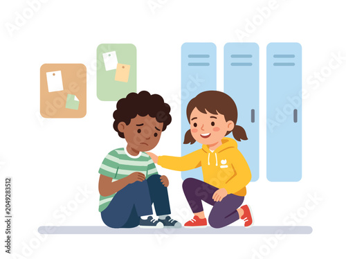 Konstfotografi Caring school child comforting a classmate in the hallway, promoting empathy, ki