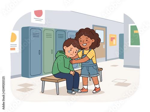 Fotografie Caring school child comforting a classmate in the hallway, promoting empathy, ki