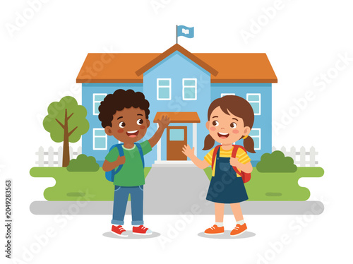 Happy students greeting each other outside the school building before class, celebrating friendship, school life, learning readiness, and belonging
