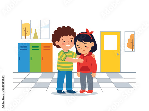 Fotografie Caring school child comforting a classmate in the hallway, promoting empathy, ki