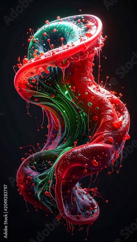 A vibrant, abstract depiction of swirling red and green liquid