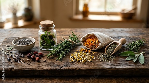 Assorted Fresh and Dried Medicinal Herbs on Rustic Wood Surface