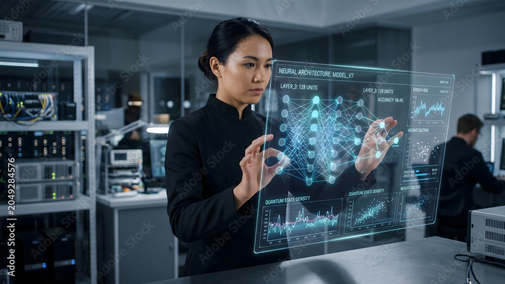Obraz premium Female Scientist Analyzing Artificial Intelligence Neural Network Architecture on Holographic Screen in High Tech Data Center Lab