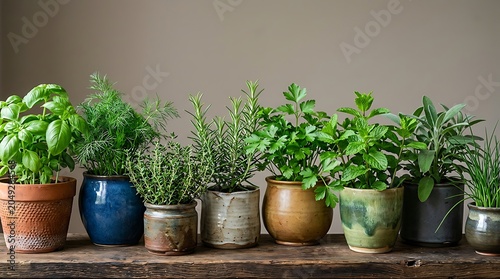 Assorted Fresh Culinary Herbs in Ceramic Pots on a Rustic Wooden Shelf