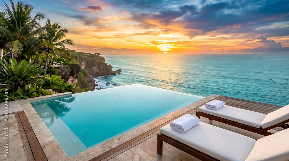 Fototapeta premium Hotel Infinity Pool Cliff Edge Ocean Sunset Turquoise Blue Sky No People Luxury Resort