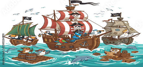 Slika na platnu Cute Cartoon Pirate Birds Sailing on Wooden Galleon Ships and Rafts in Open Sea