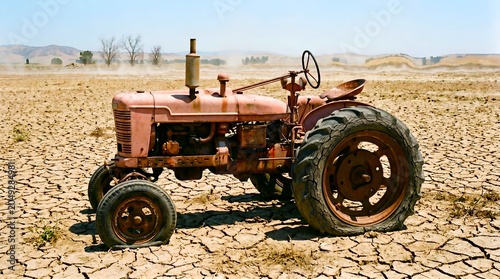 Old rusty vintage tractor abandoned on dry cracked earth in a drought stricken field.