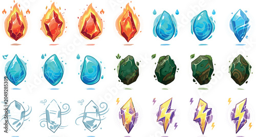 Bild auf Leinwand Fantasy Game Elemental Magic Crystal Icon Set Featuring Fire, Water, Earth, Air,