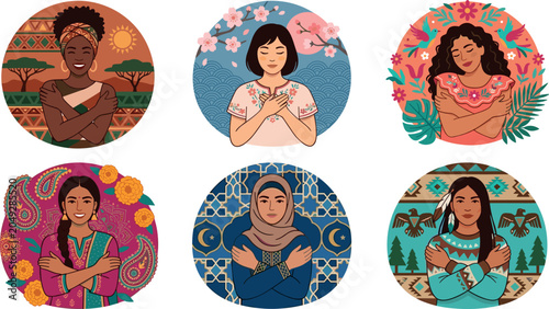 Flat Vector Diverse Women Round Icon Set with Multicultural Female Characters Embracing Themselves, Celebrating Intercultural Diversity, and Practicing Self Care
