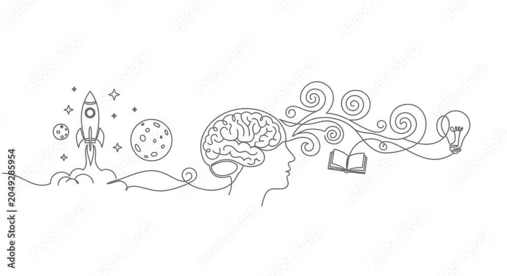 Obraz premium Brainstorming Creative Ideas: Rocket Launch, Planets, Book, Lightbulb, Thought Process