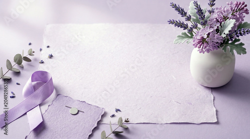 Purple ribbon and lavender flowers on a light purple background with blank paper for text